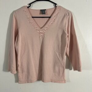 Ann Taylor Knit Top Womens Medium Pink Excellent Sequin Floral V-Neck 3/4 Sleeve